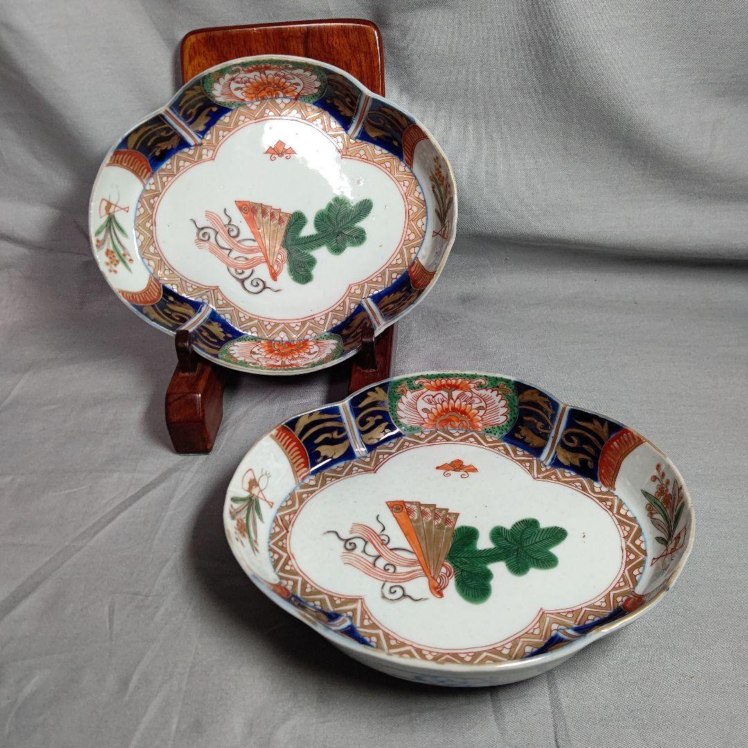 古伊万里 金蘭手 松扇文 膾皿 二客 17×14cm