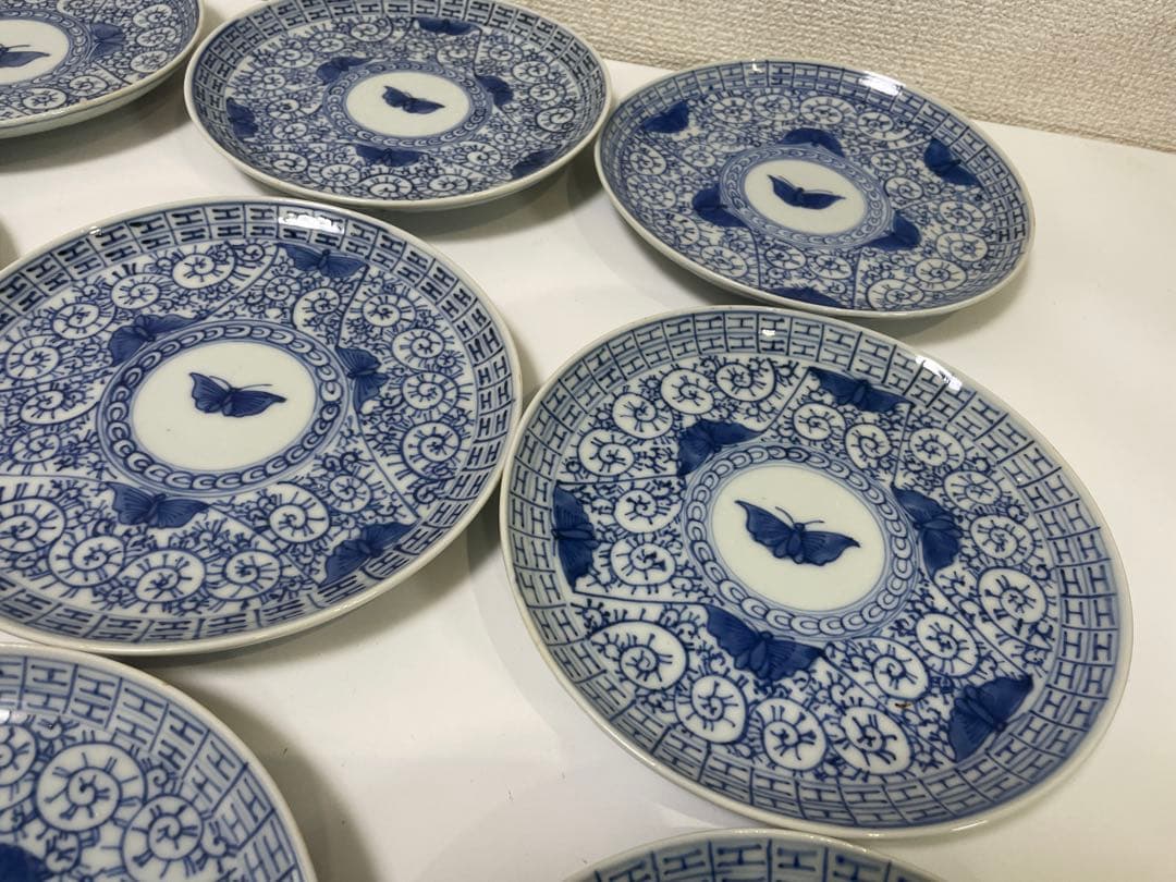 【現状品】古伊万里 染付 陶器 蛸唐草 蝶 大明宣徳年製 アンティーク 9枚 ①