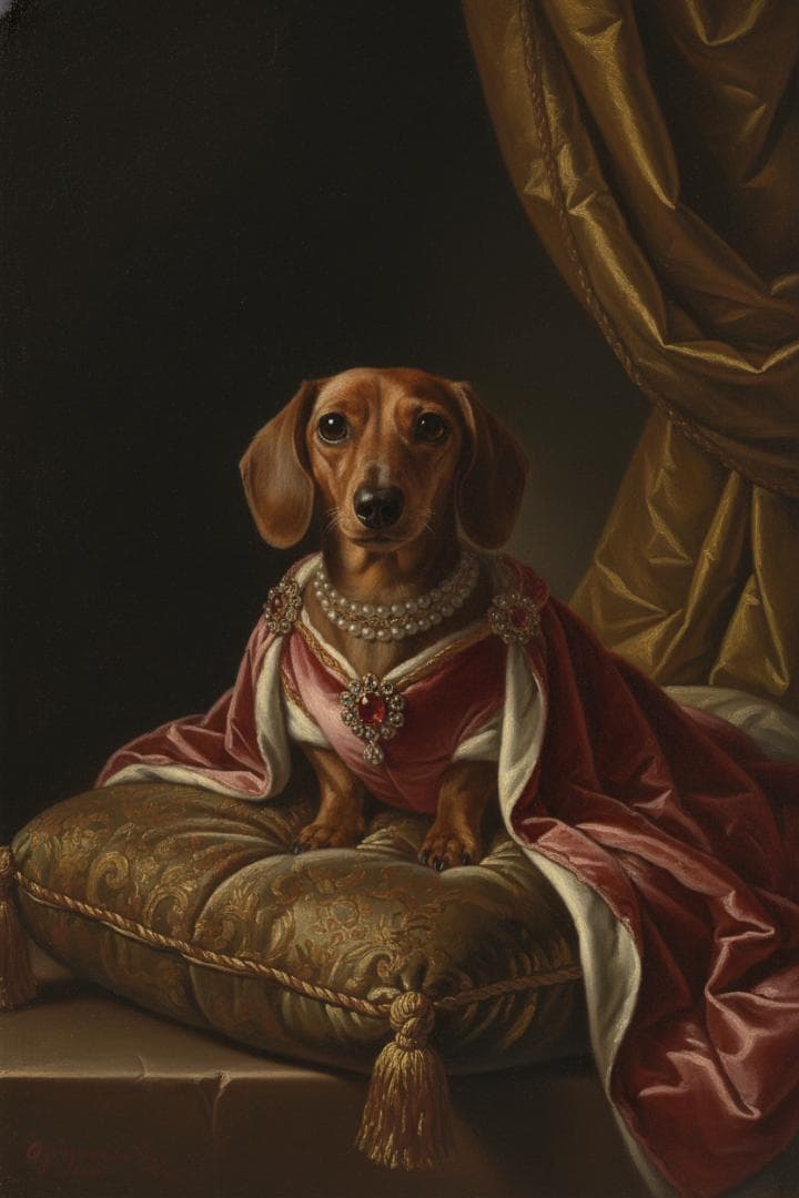 犬（ミニチュアダックスフンド）のルネサンス風肖像画 A3額装インテリア壁掛け
