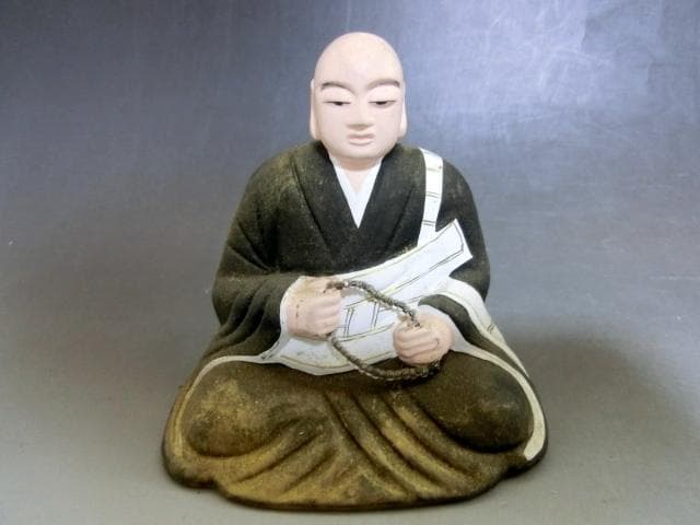 土人形■仏像 4体 空海 弘法大師 親鸞？坐像 御坊様 木彫り 土物 骨董品■