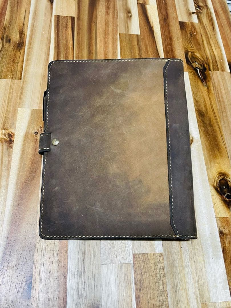 【ハンドメイド】A5 システム手帳 銀スリヌメ革 手染めブラウン 多機能ポケット