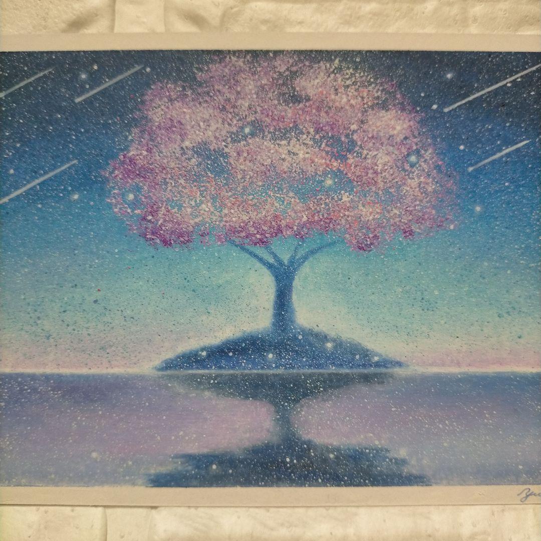 幻想的な桜の絵 風景画 湖畔 オイルパステル画 原画 ハガキサイズ 絵画 #85