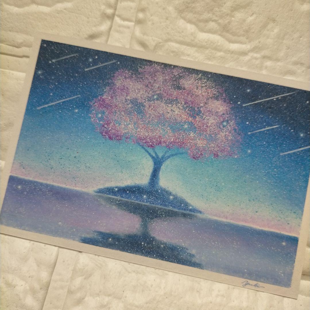 幻想的な桜の絵 風景画 湖畔 オイルパステル画 原画 ハガキサイズ 絵画 #85