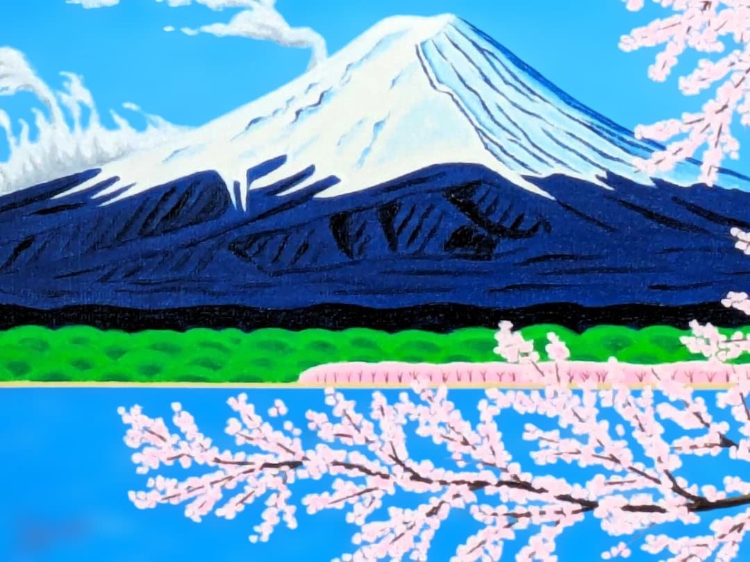 ★富士山と満開の桜・肉筆油彩画・F6キャンバス