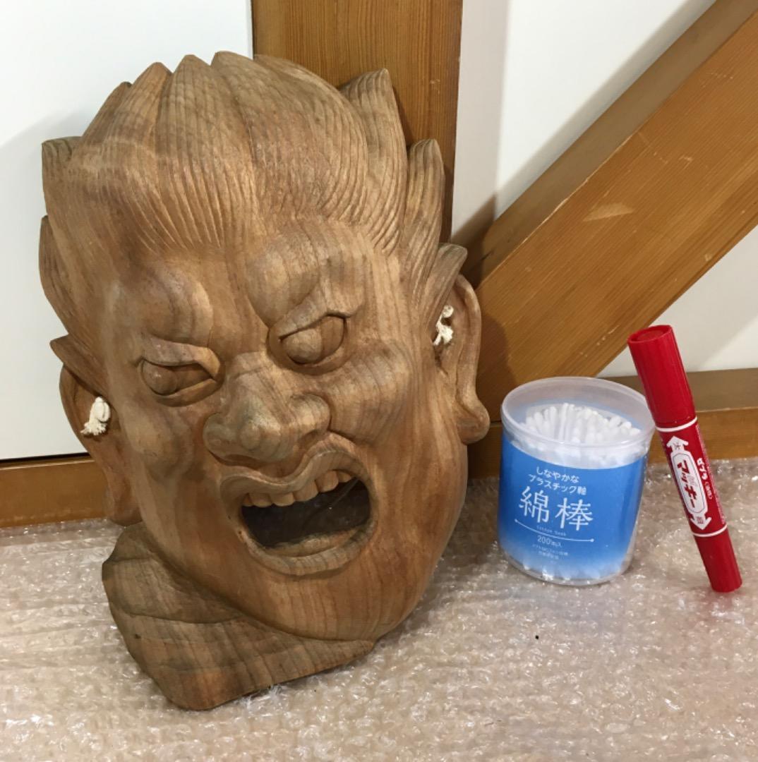 ○木彫り 不動明王面 鬼 お面 手彫り名入り 怒りの顔