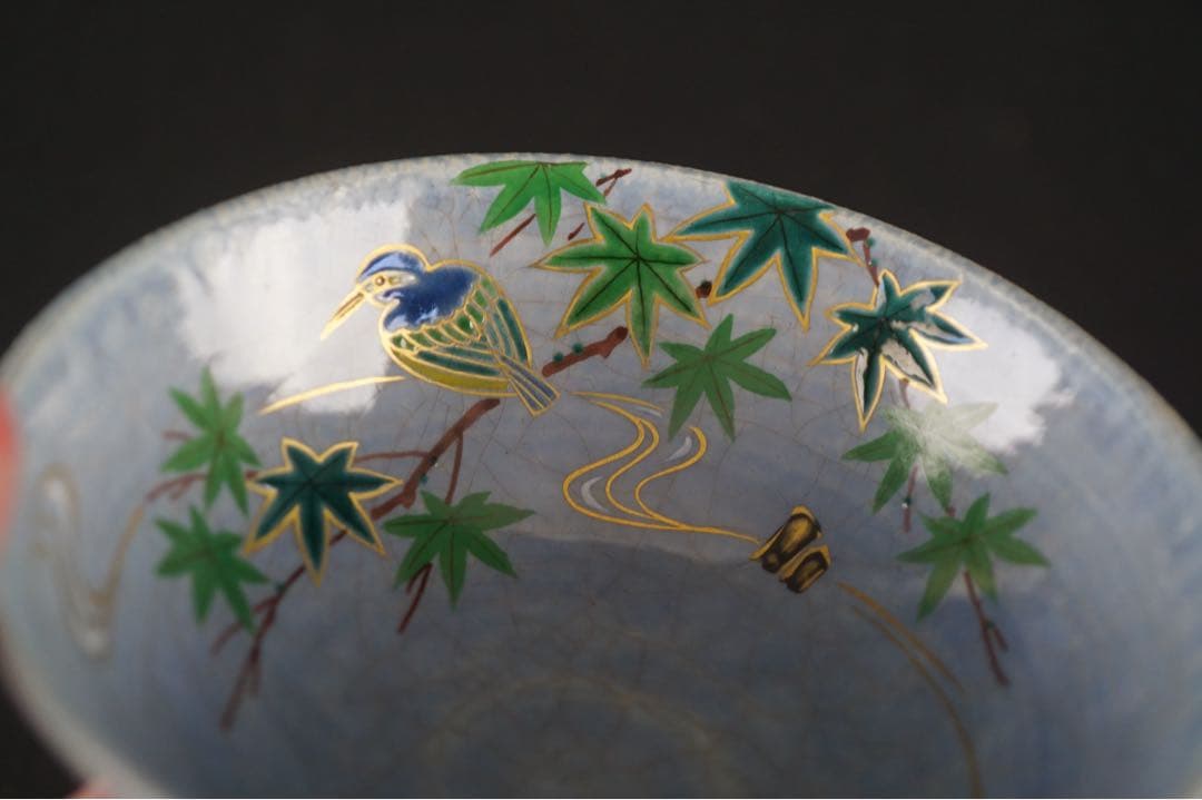小倉寅介 青釉 青楓に川蝉 金彩 色絵 茶碗 紙箱 茶道具