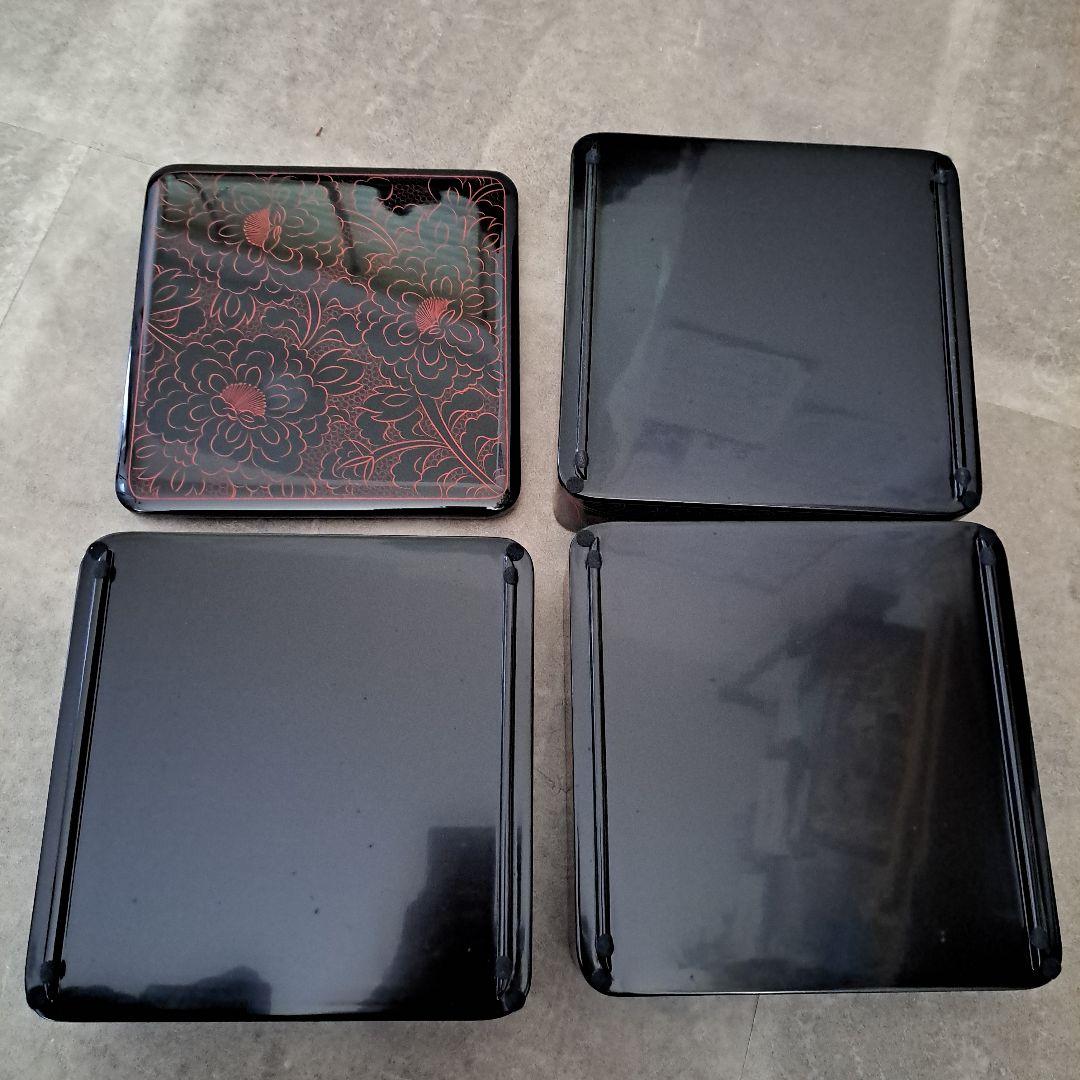重箱　漆器　越前漆器　越前塗　沈朱　牡丹彫　新品　未使用