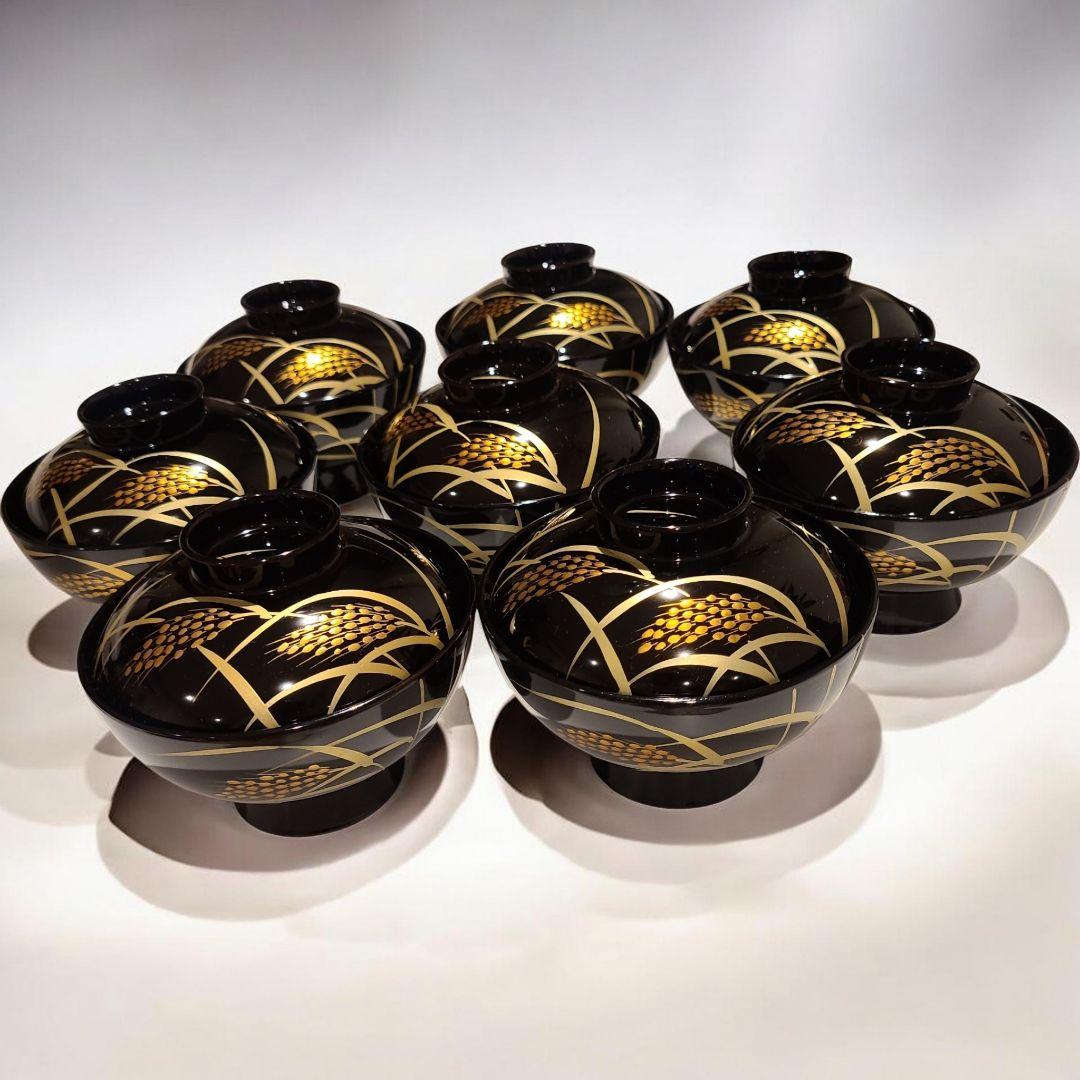 未使用 会津塗 本うるし塗 黒 稲穂 御殿吸物椀 8客 共箱2箱 金彩 蒔絵
