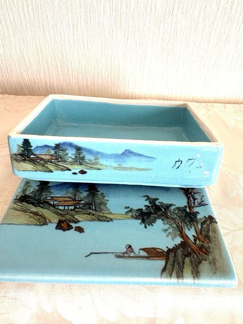 ◆台湾陶器◆山水画手描き作品◆青色の小箱◆1970年頃◆美品