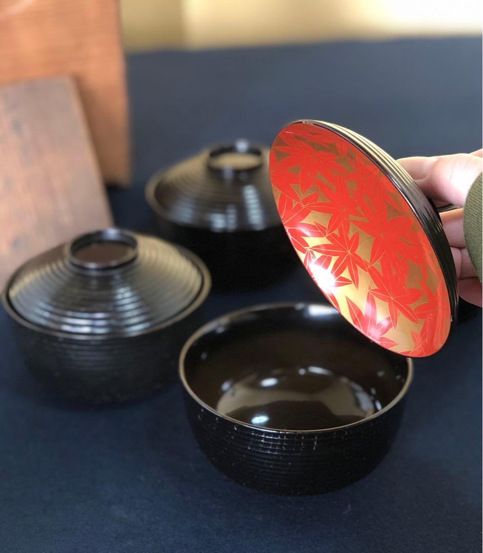 《レ》平安象彦 千筋 紅葉蒔絵 煮物椀4客 木製漆器 共箱 251117え2