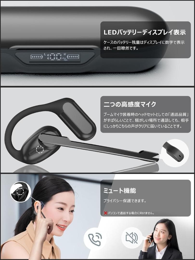 Bluetoothヘッドセットマイク付 脱着式オープン 通話用イヤホン 一体両用
