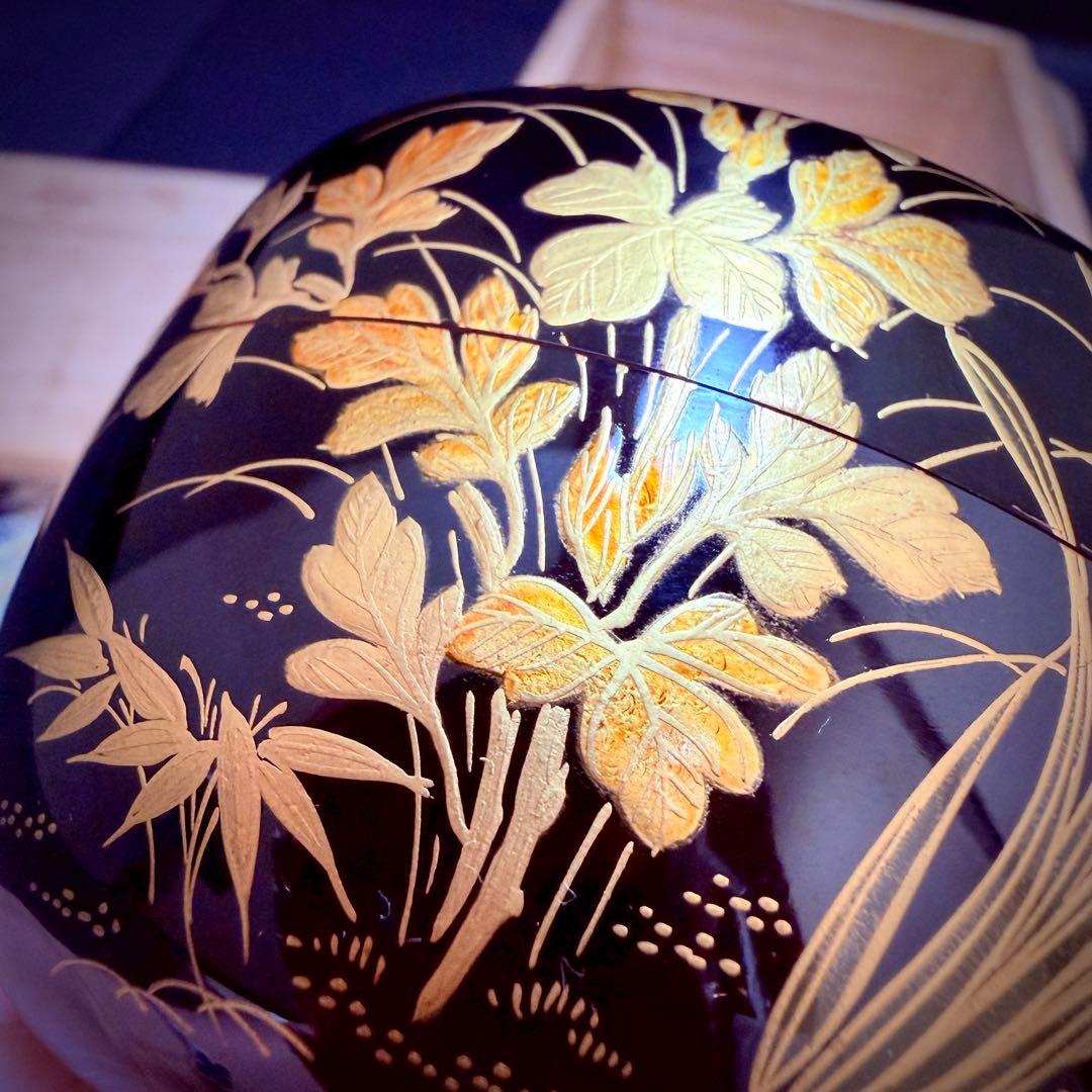 茶道具　西條一斎　四君子絵　金蒔絵　螺鈿　輪島塗　平棗　共箱