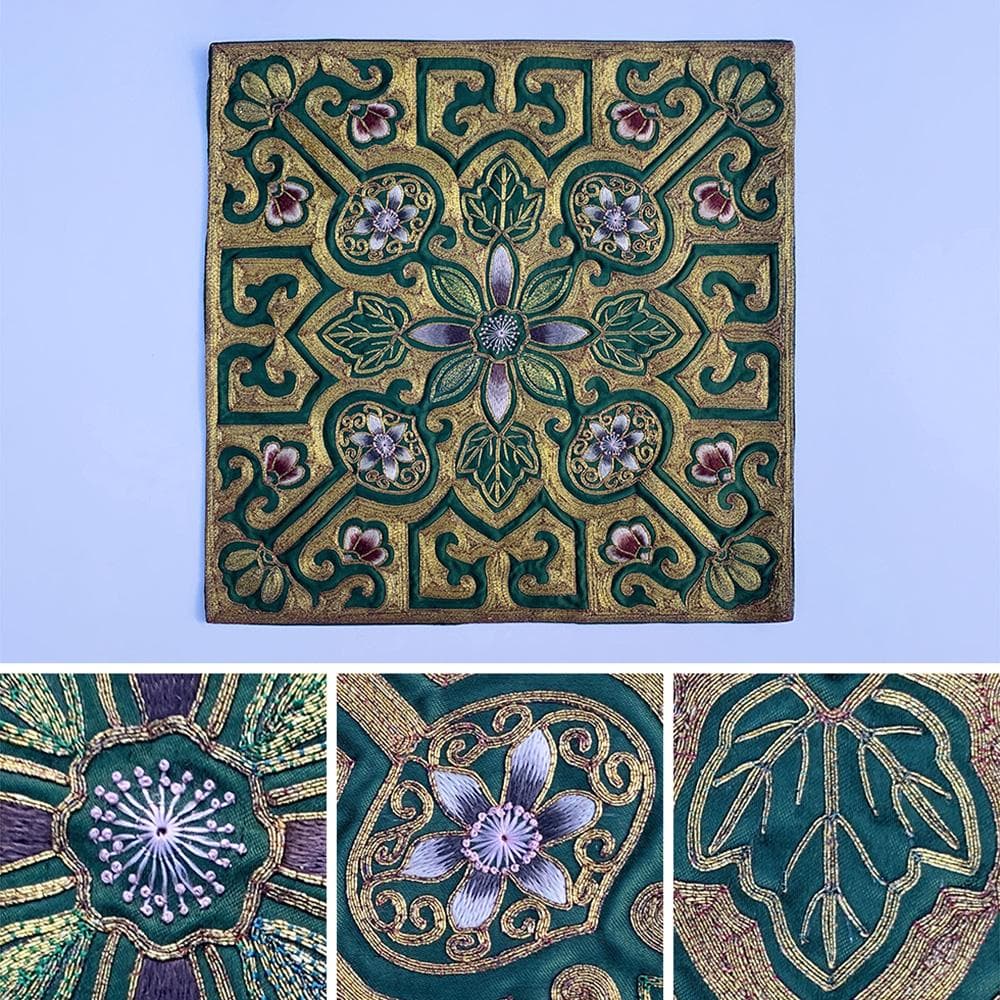 【繍】　★ 織繍 緑色綢地繍花卉紋敷片 ★　民国期　梅花梅葉 刺繍文様　明清繍品