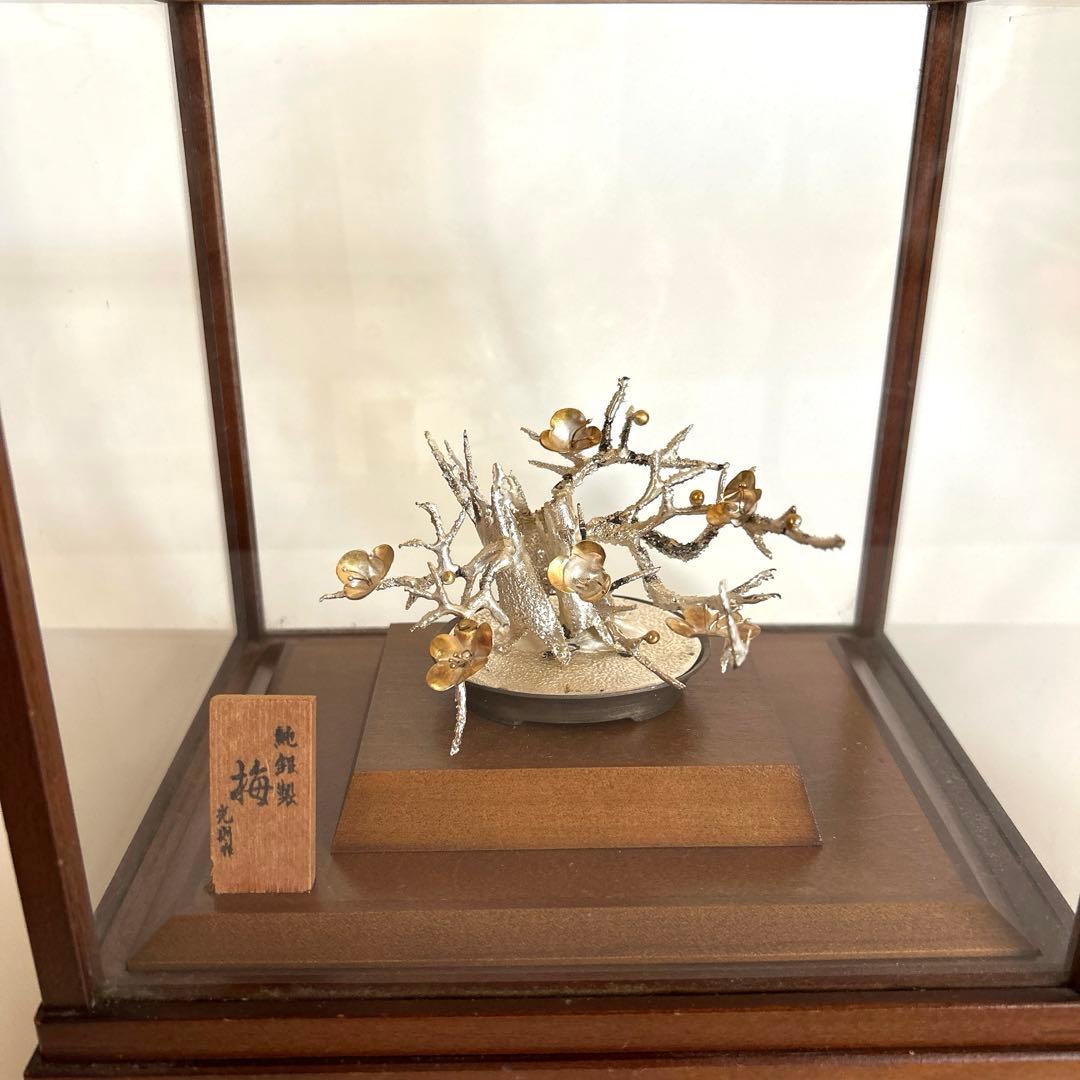 梅の木の彫刻 置物 木製ケース付き　純銀製　光則作