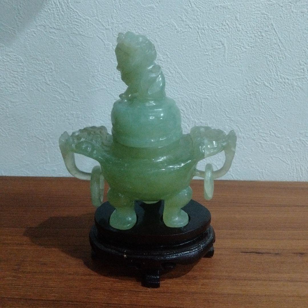 翡翠製 香炉 置物 木製台座付き
