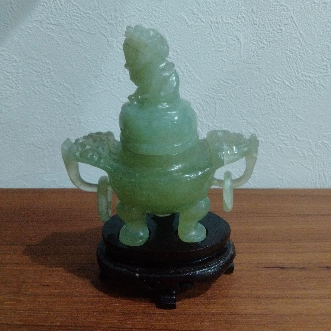翡翠製 香炉 置物 木製台座付き