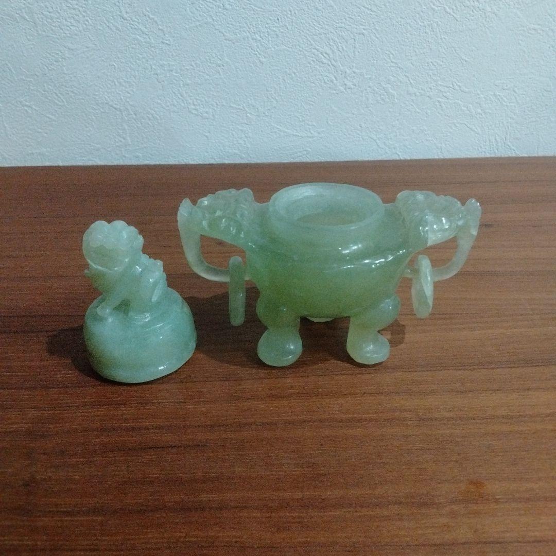翡翠製 香炉 置物 木製台座付き