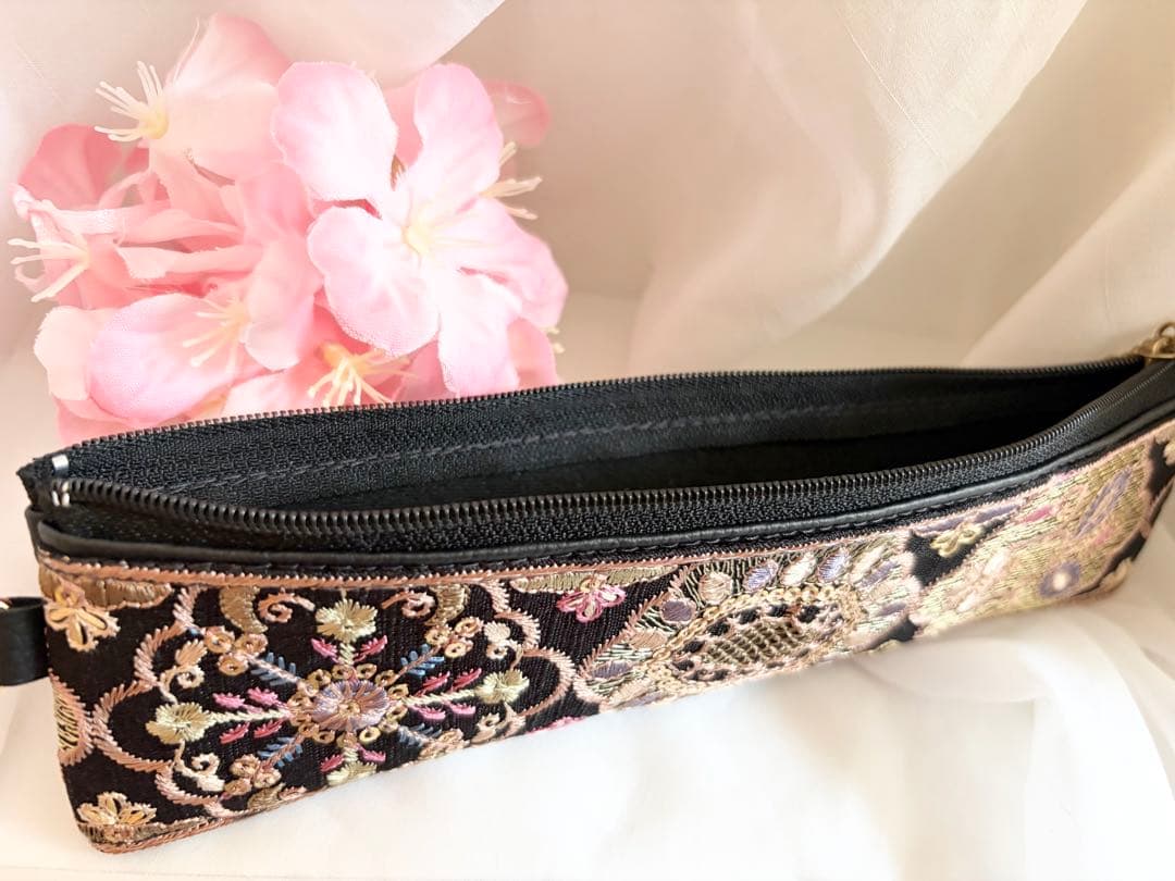 ペンケース　ポーチ　インド刺繍リボン　ブラック　メルヘン　合皮　No.147