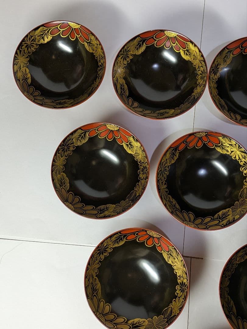 リケさん専用輪島塗、蒔絵金彩細工、沈金菊模様、木製、蓋付椀、吸物椀、10客、箱付