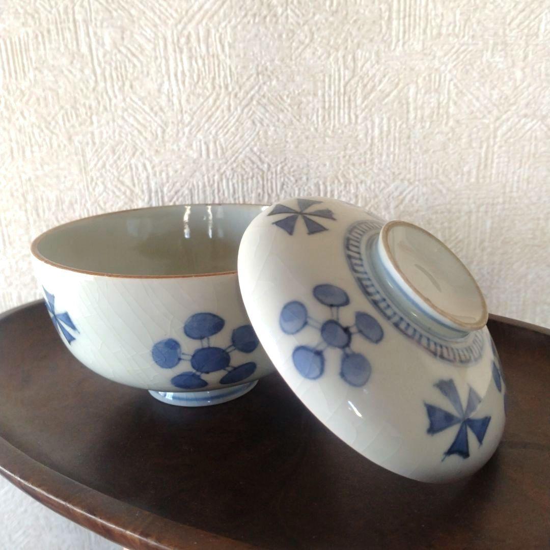 《期間限定セール！〜2/28まで》古伊万里染付幾何学花文蓋付茶碗蕎麦猪口江戸時代