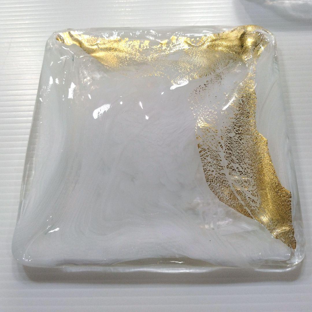 WAKO ガラス 二段 御重 重箱 金箔 手作りガラス ホワイト クリア 工芸品