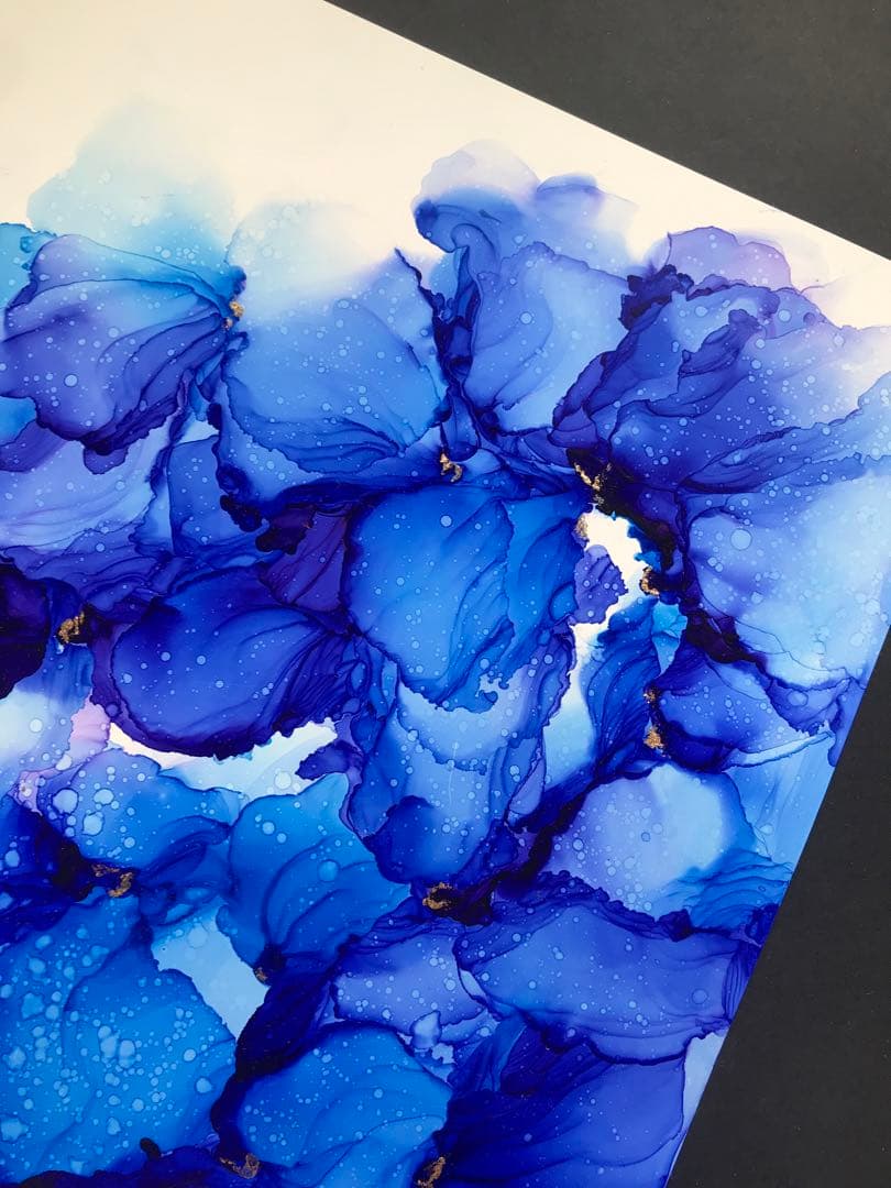 フラワーアート　インテリア　A4 原画　青　瑠璃色　アルコールインクアート