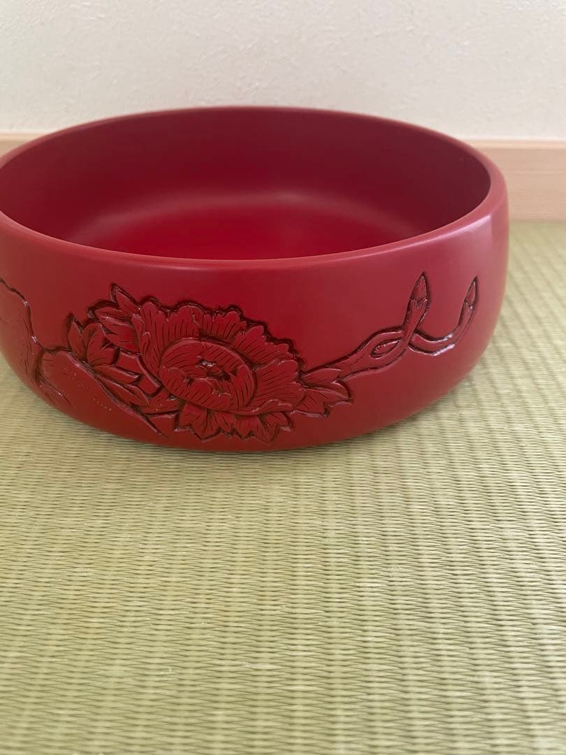 村上木彫堆朱 菓子器 蓋付 牡丹図 昭和 伝統工芸