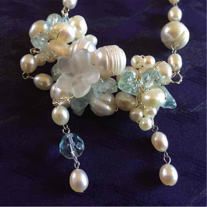 【ハンドメイド☆】ネックレス　淡水パール　アクアマリン　クオーツ