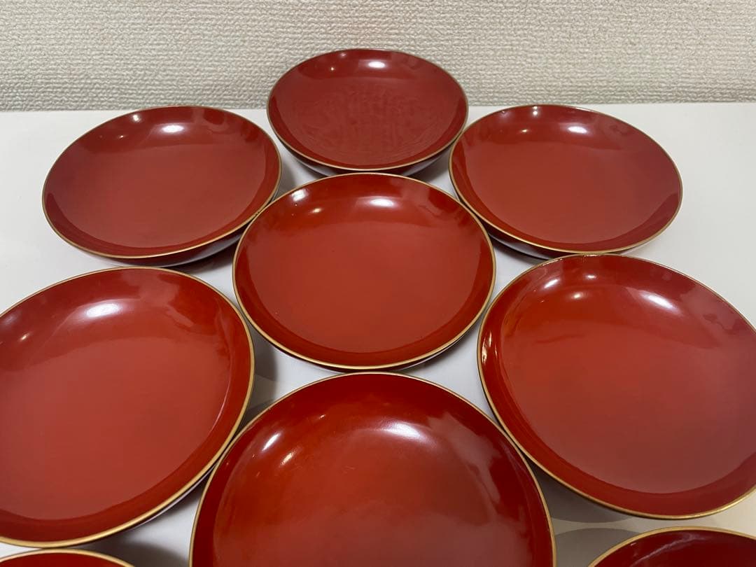 漆器 朱色 椀 10客 金縁 輪島塗 吸物椀 蓋付 無地 アンティーク レトロ