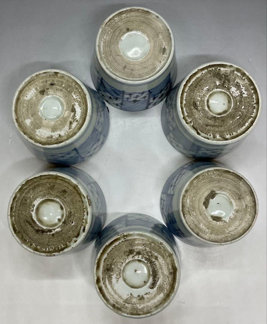 古伊万里　蕎麦猪口　市松格子文　染付　江戸時代　6客　h8039