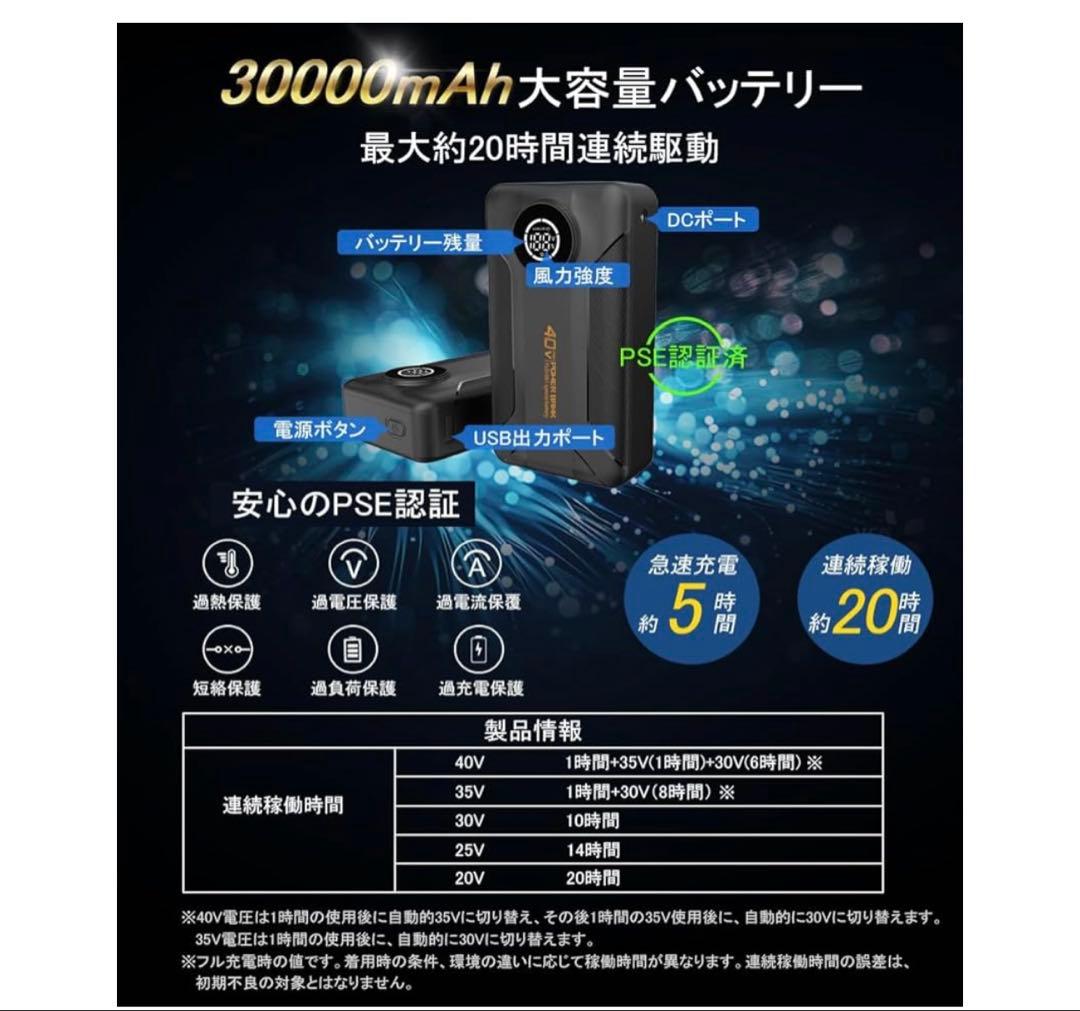 【40V業界最強】ファンバッテリー セット 超高出力 30000mAh大容量