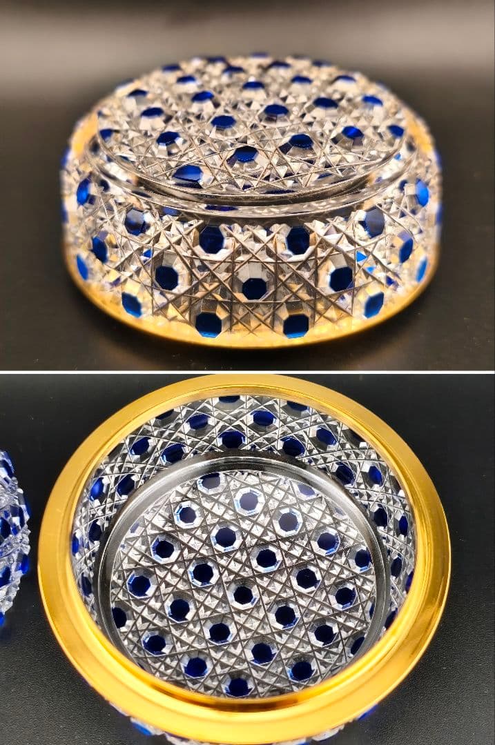 超希少品☆江戸切子 須田秀石 蓋物 瑠璃被 籠目紋（切子、江戸切子、薩摩切子）