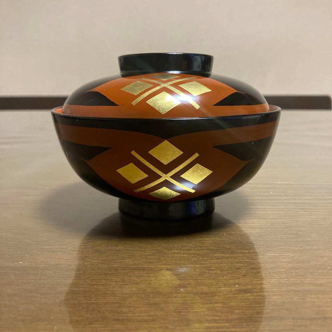 漆器　秀衡塗　翁知屋　黒内朱　蓋付き碗　汁椀　五客 セット