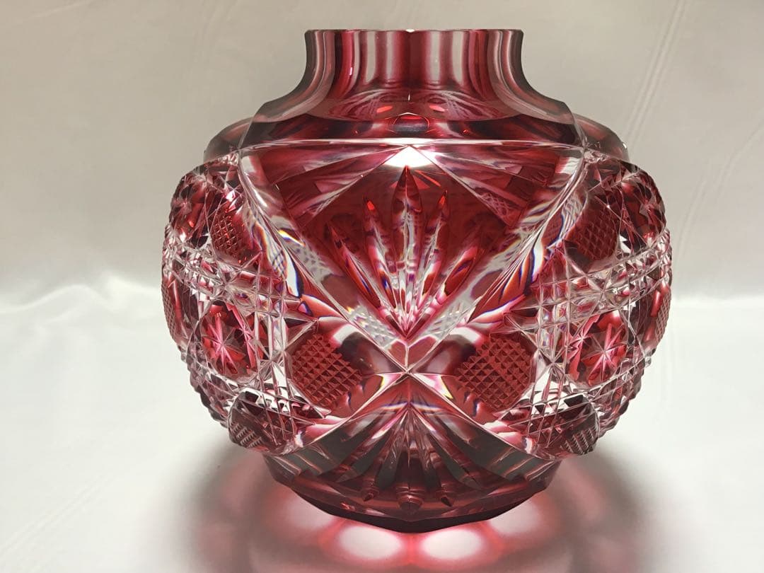 薩摩切子　大型丸花器　銘「晃玉」　薩摩ガラス工芸作　金赤