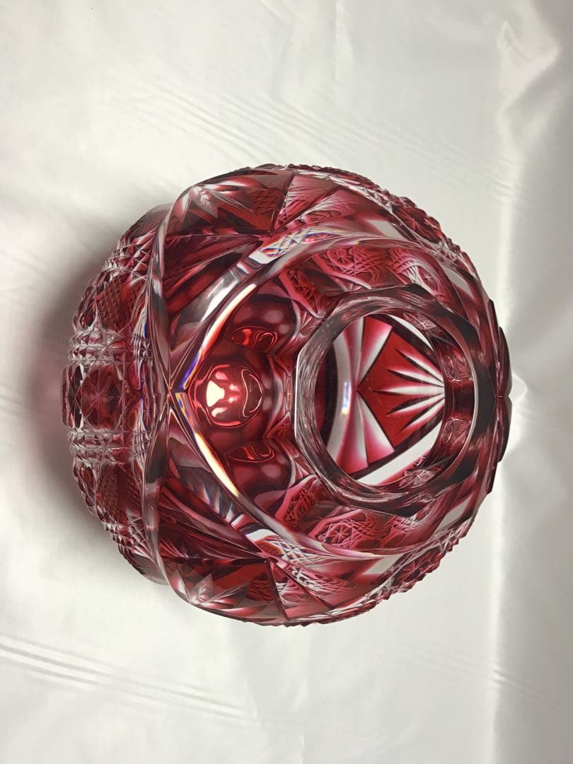 薩摩切子　大型丸花器　銘「晃玉」　薩摩ガラス工芸作　金赤