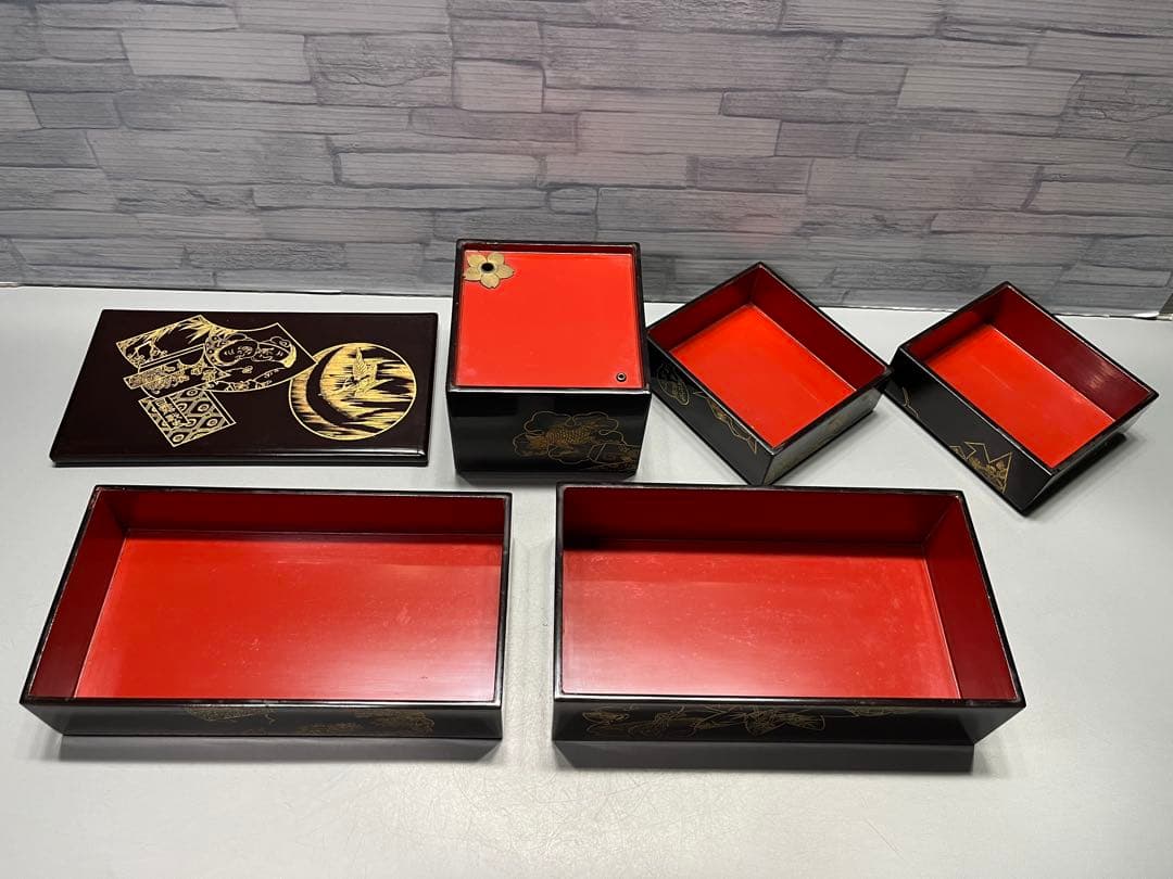 極上　時代　沈金蒔絵　花見弁当箱　重箱　木製