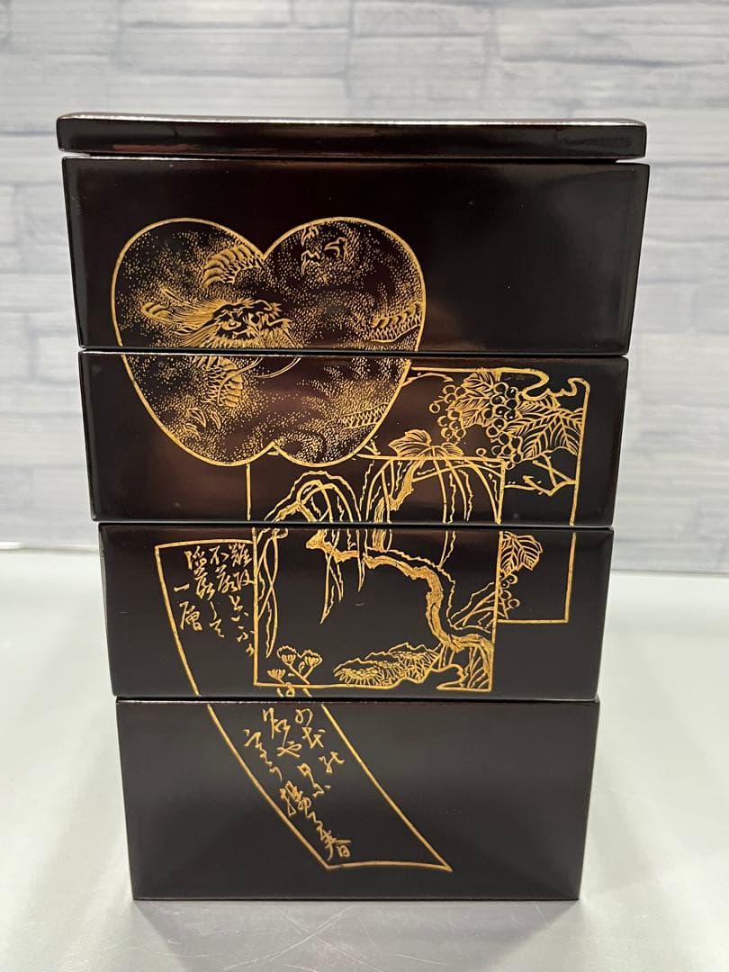 極上　時代　沈金蒔絵　花見弁当箱　重箱　木製