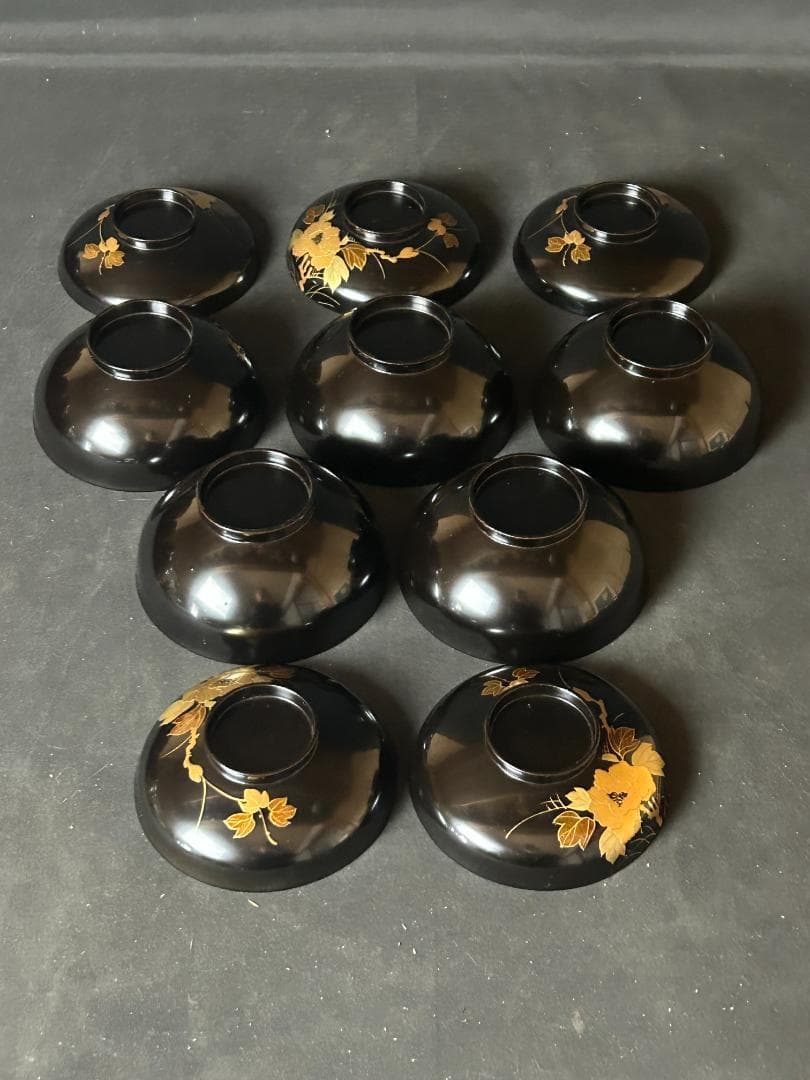 輪島塗 金蒔絵 牡丹図 黒塗 天然木 吸物椀 5客 茶懐石道具 s29