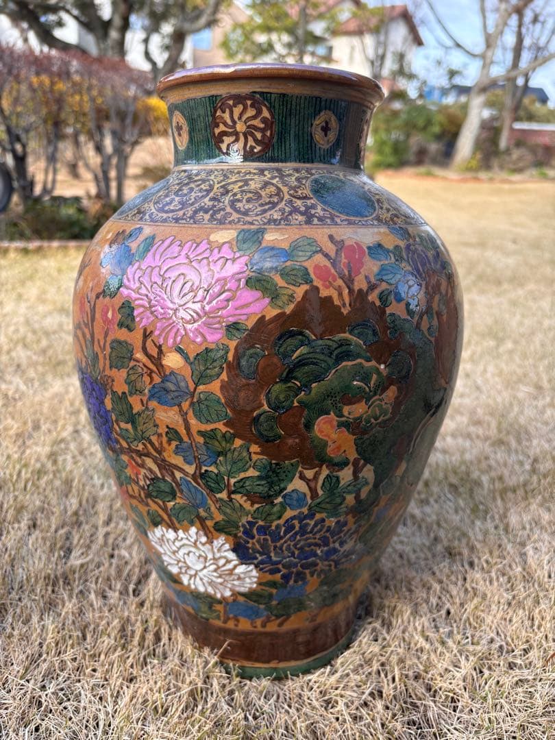 京薩摩風 金彩色絵花瓶 高さ37cm 骨董