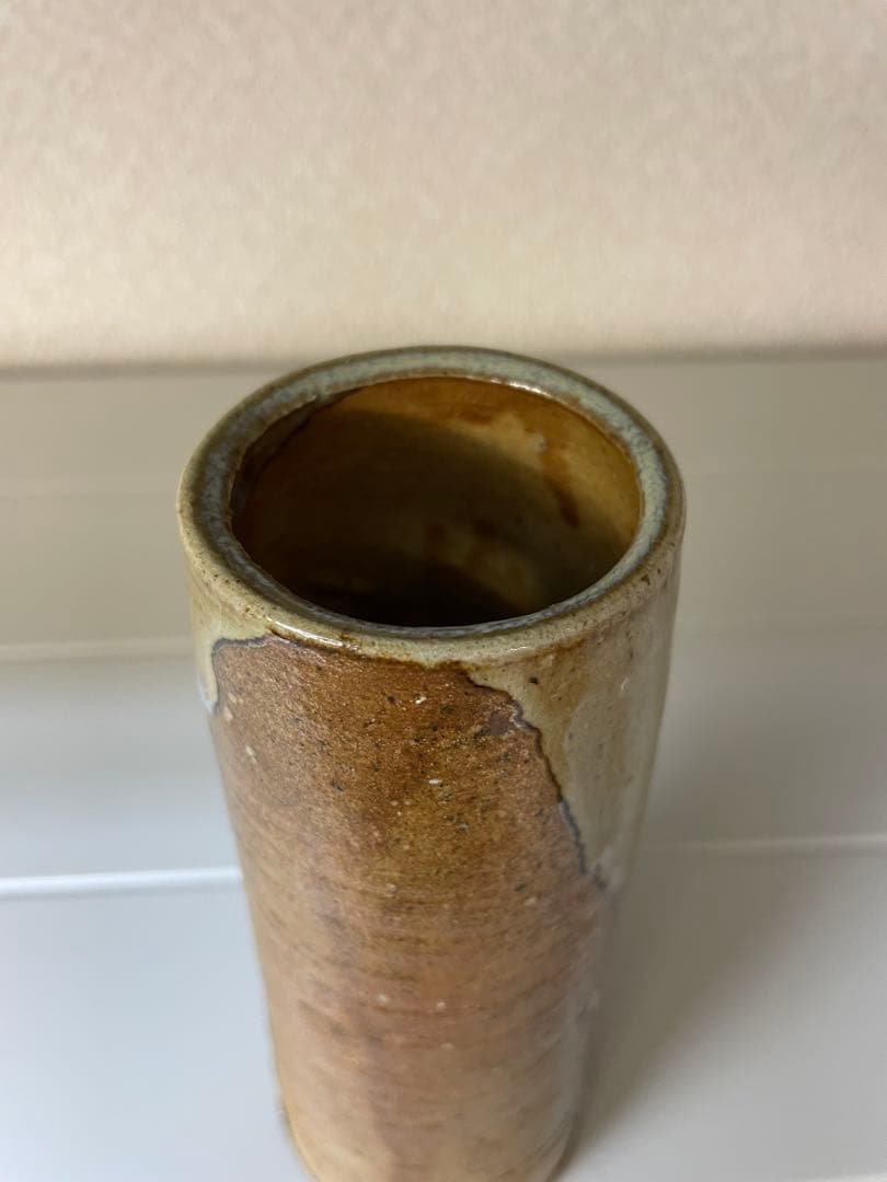 円筒形陶器 茶色と緑のグラデーション