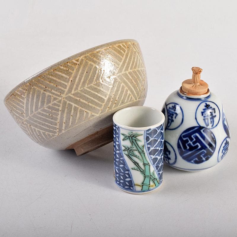 茶道具　糸目塗分　利休茶箱　膳所焼　三島茶碗　棗など　八点　一式　M　R8835