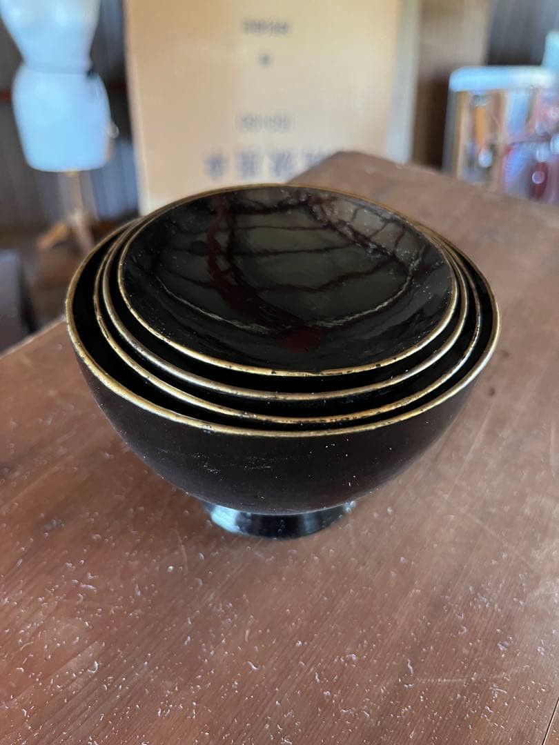 漆器 黒本椀　金縁　4点セット