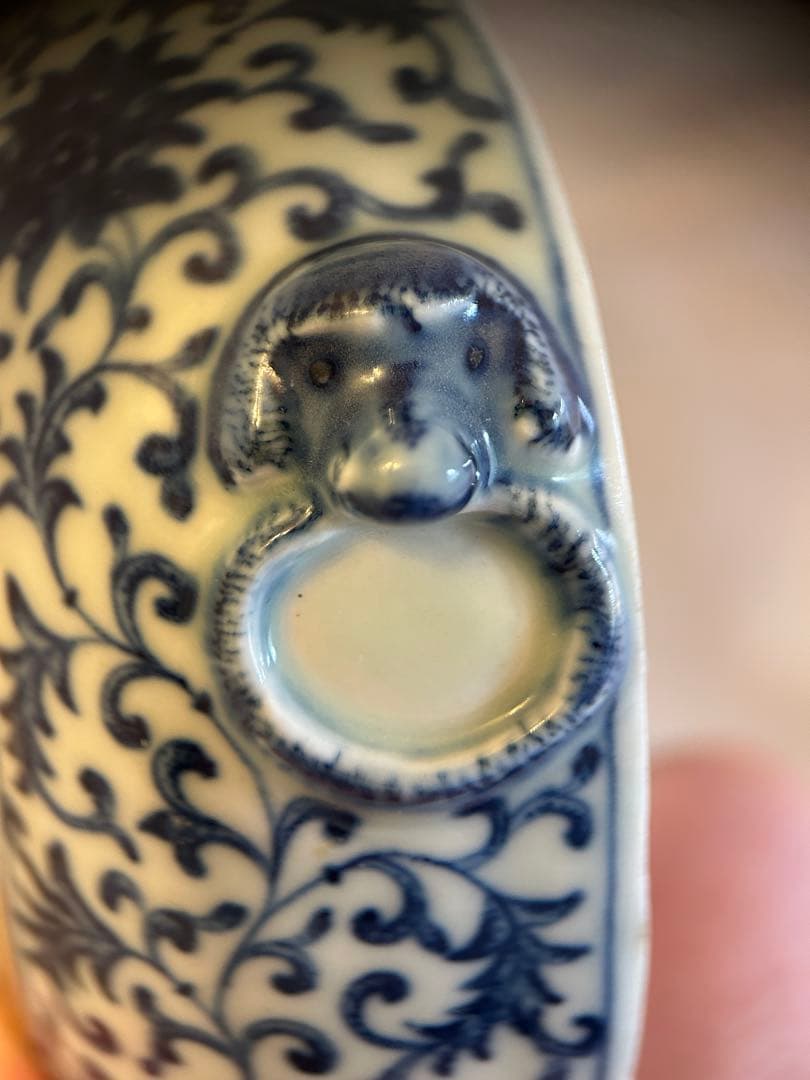 中国清代様式 道光年製銘 粉彩 牡丹花鳥紋 獣耳 壁瓶 12cm