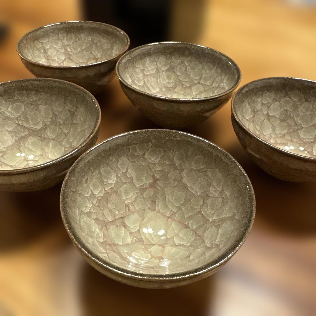 【新品】利宗窯 古川拓郎（古川利男） 氷裂入米色たち吉 浮き花 お茶吞茶碗 青嵐