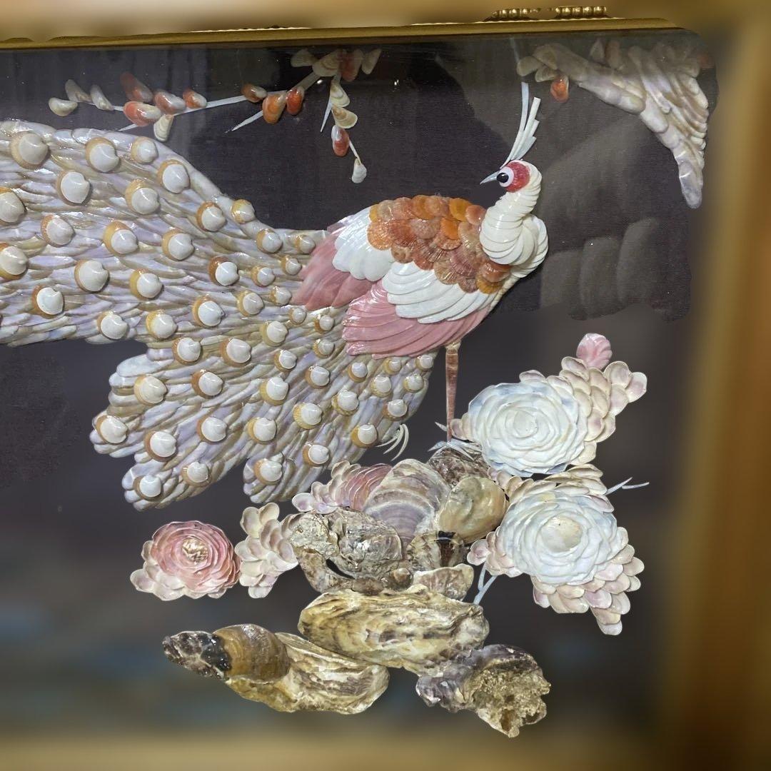 【増田良仙作】夫婦孔雀の貝工芸品　能登　増穂ヶ浦　横約98㌢縦約44㌢厚さ約5㌢