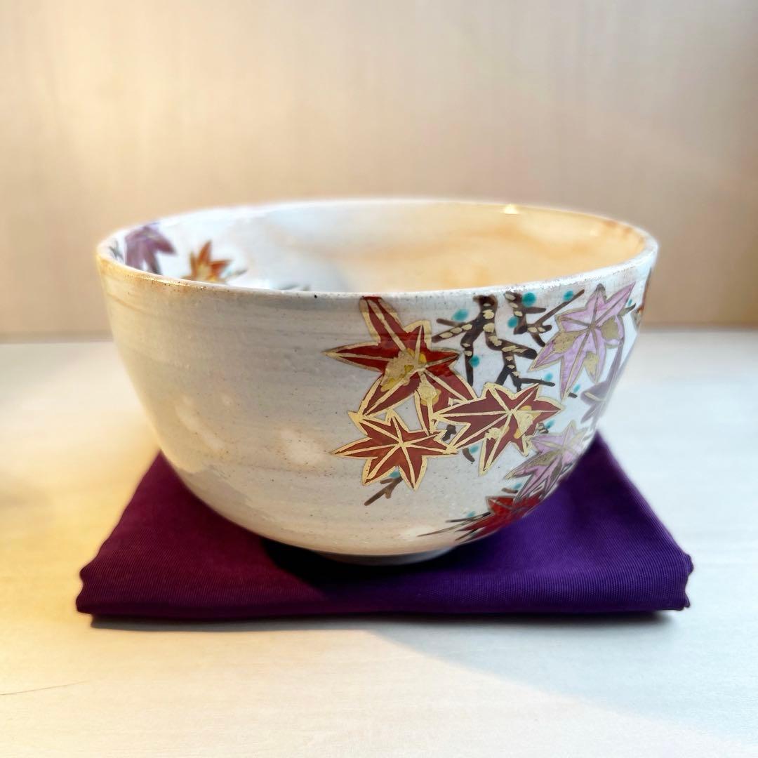 抹茶茶碗　抹茶椀　色絵　紅葉　京焼　茶道具
