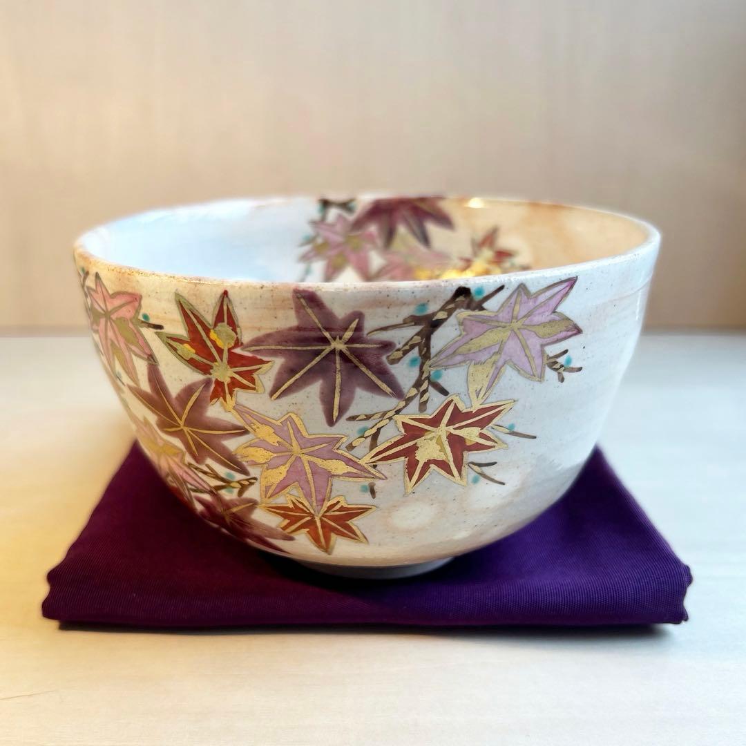 抹茶茶碗　抹茶椀　色絵　紅葉　京焼　茶道具