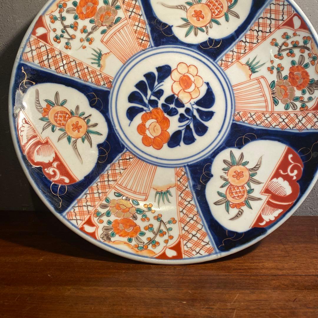 骨董品 31cm色絵大皿 古伊万里 有田焼 明治 大正 山徳 染付 手描き