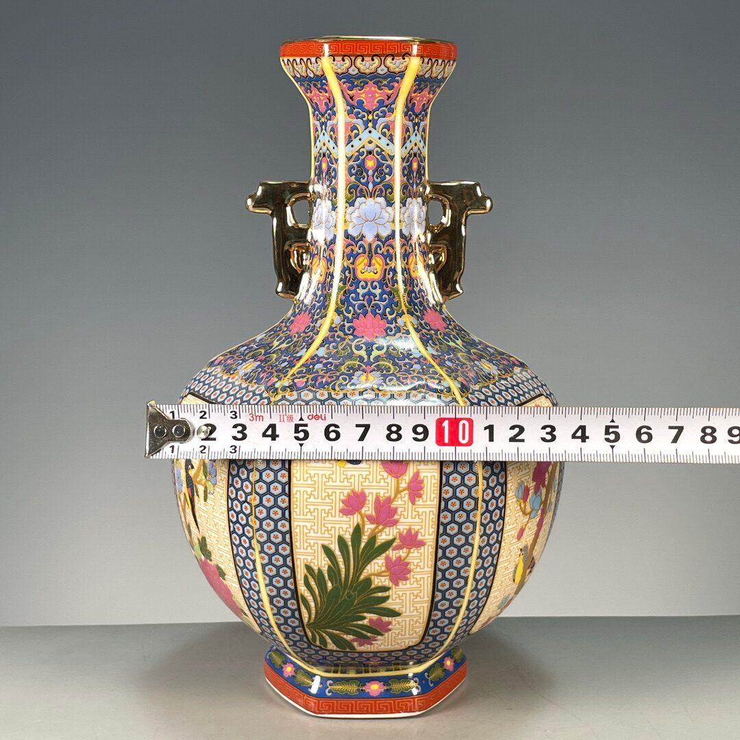 琺瑯彩両耳蒔絵花鳥賞瓶 景徳鎮 陶磁器 装飾品 現代工芸品 美術品 置物