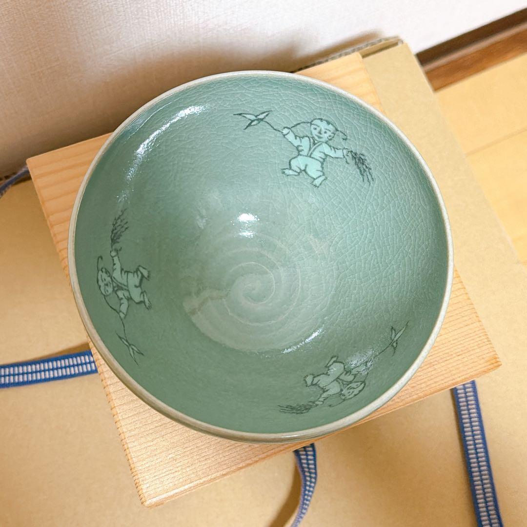 高麗青磁　青緑色 陶器 茶碗 木箱付き